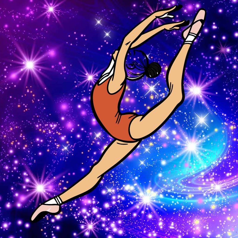 gymnast doing a leap in a leotard with a bent back leg