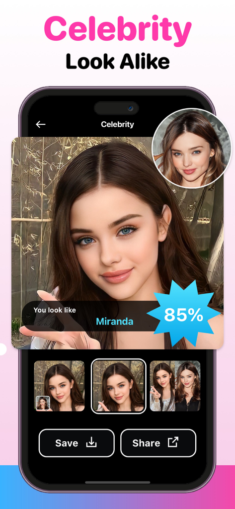 Screenshot of the Celebrity Look Alike feature showing a facial comparison with an 85 percent match