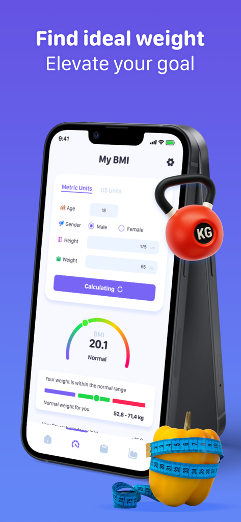 BMI Calculator - HealthTracker - Mobile phone screen showing a BMI calculator app interface with a normal weight result