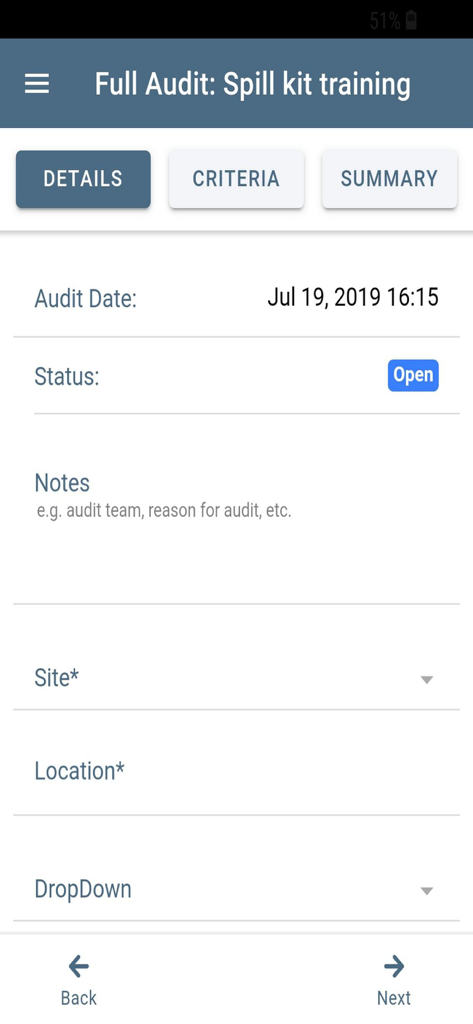 MY Audits - Mobile app screen showing audit details for spill kit training with fields for date status and notes
