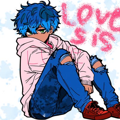 a male hoddie ripped jeans messy hair anime