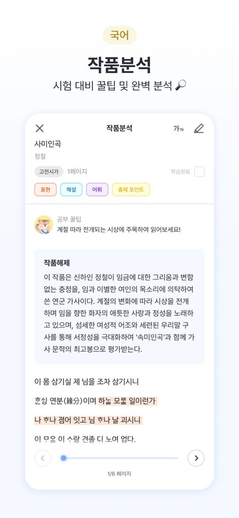 체리 앱 인터페이스, 한국 문학 작품의 상세 분석을 시험 준비용으로 표시