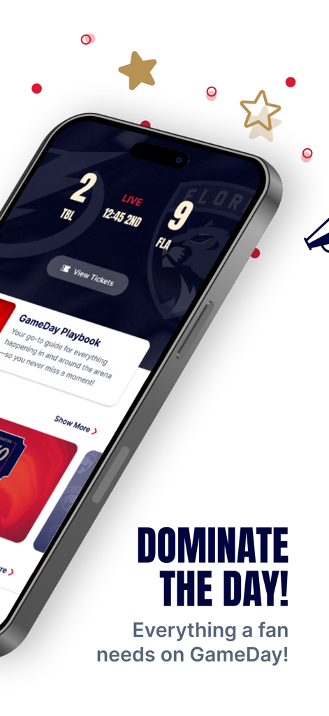 Florida Panthers GameDay - iPhone showing the Florida Panthers GameDay app with a live hockey score and ticket options