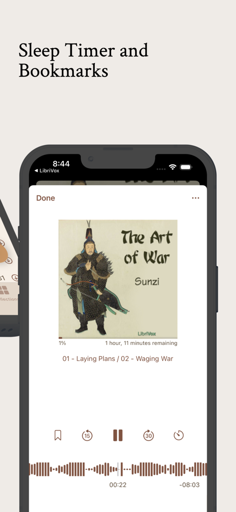 LibriVox Audiobooks - Interface du lecteur de livres audio LibriVox affichant les fonctions de minuterie de mise en veille et de signets pendant la lecture de L'Art de la guerre.