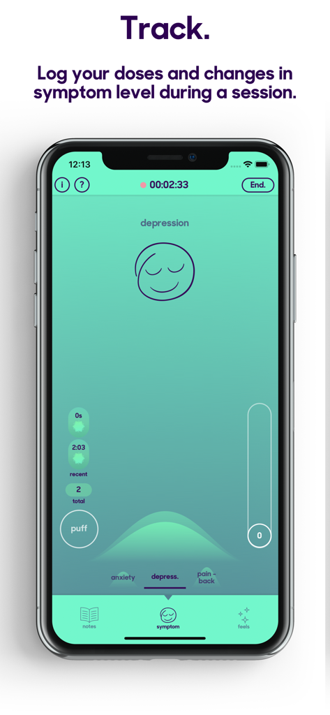 releaf app - cannabis tracking - Screenshot of Releaf app showing real-time cannabis dose and symptom tracking for depression