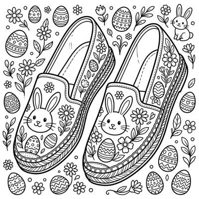 Get ready for spring with this delightful Easter Espadrilles coloring page! Adorned with cheerful bunnies, decorated eggs, and pretty blossoms, it's a perfect way to bring festive joy to your day.