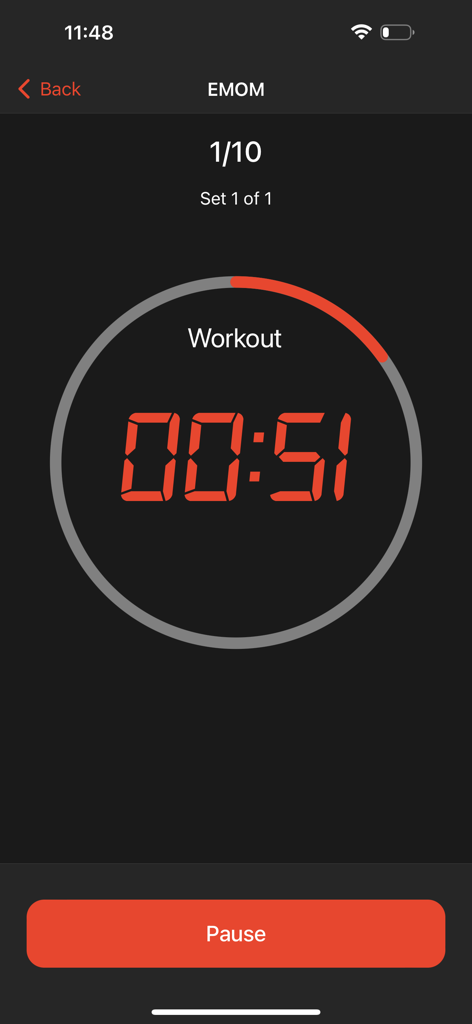 TimerWOD - Workout Timer - TimerWOD app interface showing an EMOM workout timer with a red digital clock