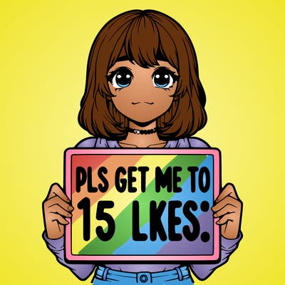realistic girl holding up a sign that says “pls get me to 15 likes!”