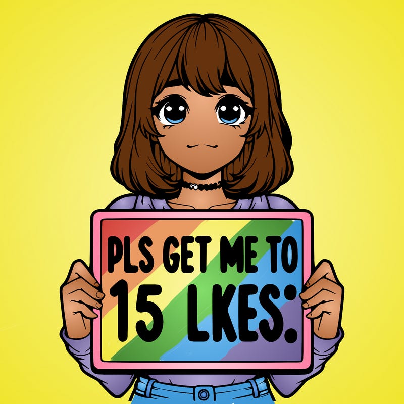 realistic girl holding up a sign that says “pls get me to 15 likes!”