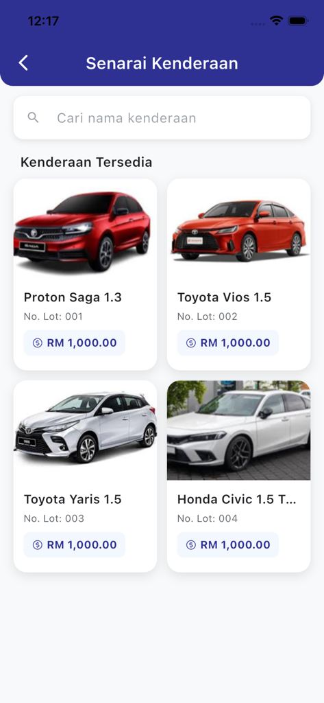 JPJvBid - JPJvBid app interface showing a list of available auction vehicles with photos and bidding prices.