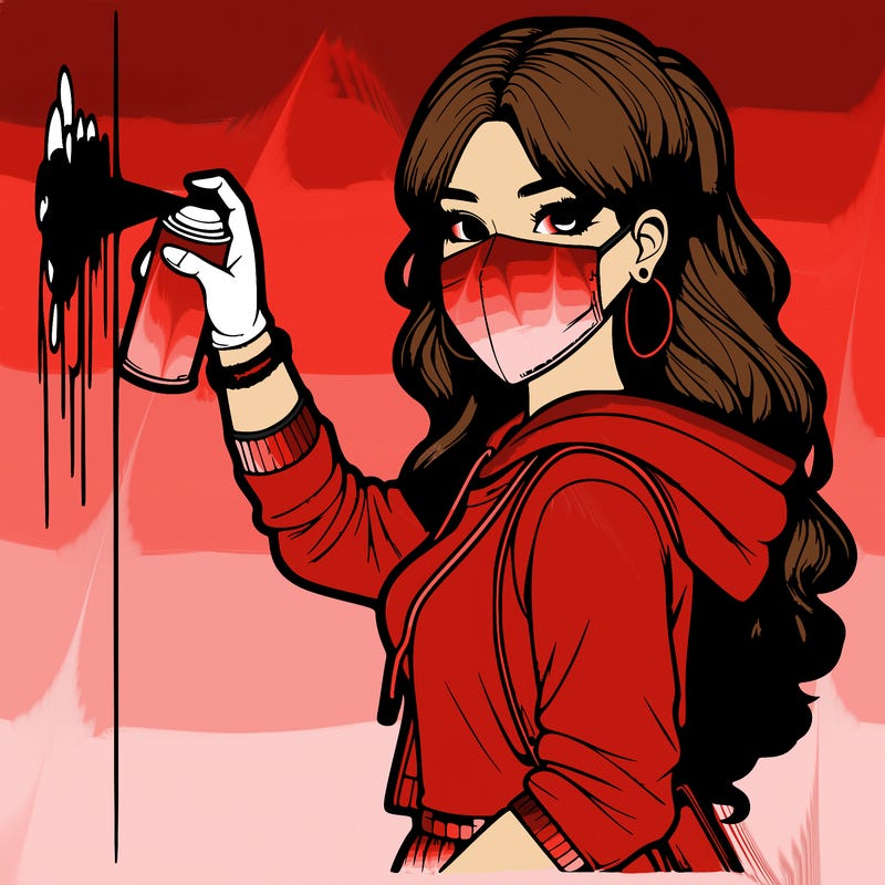 realistic girl with mask spray painting a wall