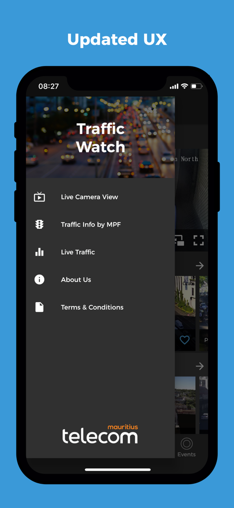 Sidebar menu of the my.t traffic watch mobile app showing navigation links for live cameras and traffic info.