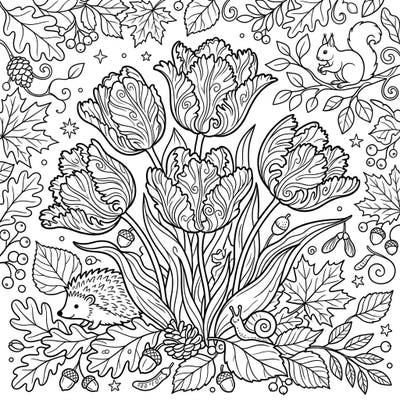 Immerse yourself in the enchanting beauty of autumn with this intricately designed coloring page featuring magnificent Parrot Tulips. Discover delightful woodland creatures and a rich tapestry of fall foliage, perfect for a relaxing and creative escape.