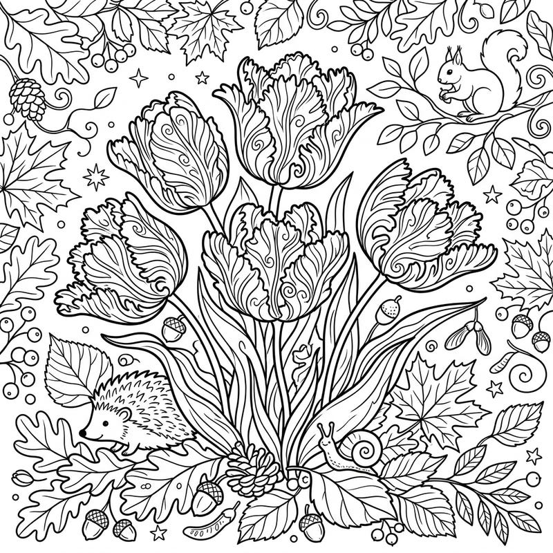 Immerse yourself in the enchanting beauty of autumn with this intricately designed coloring page featuring magnificent Parrot Tulips. Discover delightful woodland creatures and a rich tapestry of fall foliage, perfect for a relaxing and creative escape.