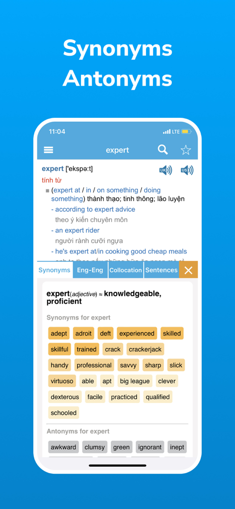 Screenshot of ProDict app showing synonyms and antonyms for the word expert.
