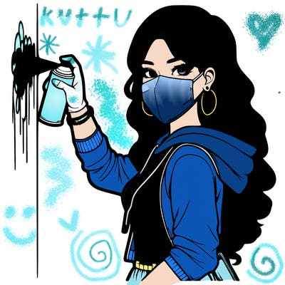 realistic girl with mask spray painting a wall