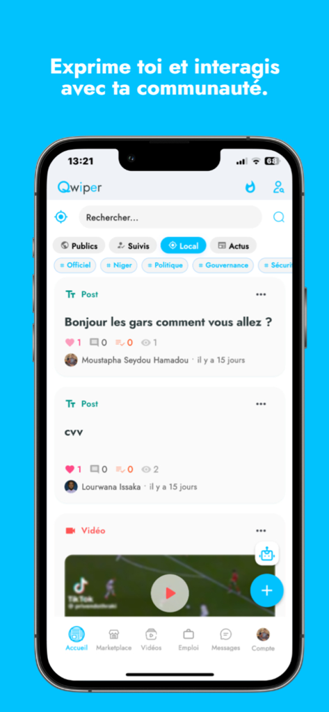 Qwiper - Smartphone screen showing the Qwiper app local community feed with text and video posts