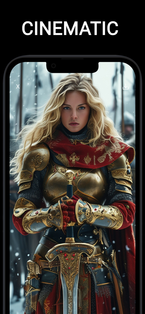 King AI: AI Video Creator - Cinematic AI video of a woman in gold medieval armor holding a sword