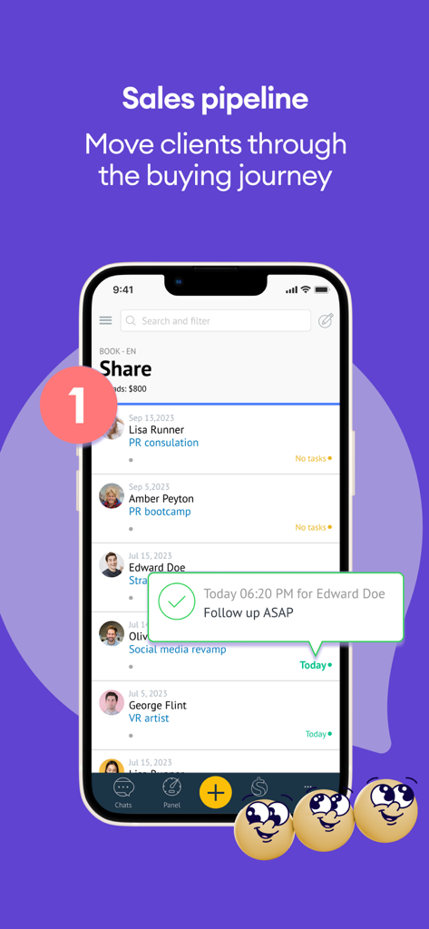 고객 리드 및 후속 작업 알림이 있는 Kommo 모바일 앱 인터페이스의 영업 파이프라인 표시