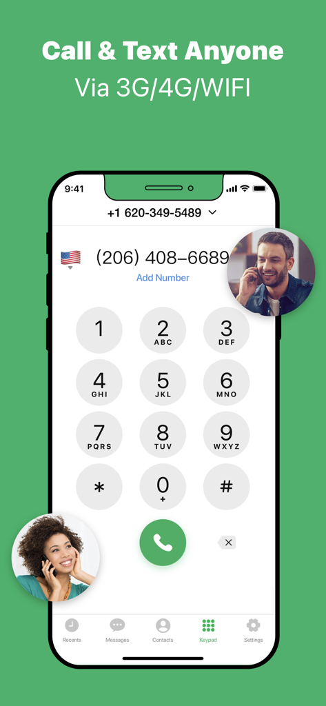 Interface do discador do aplicativo Número de Telefone Secundário mostrando um número dos EUA e um teclado para chamadas e mensagens.
