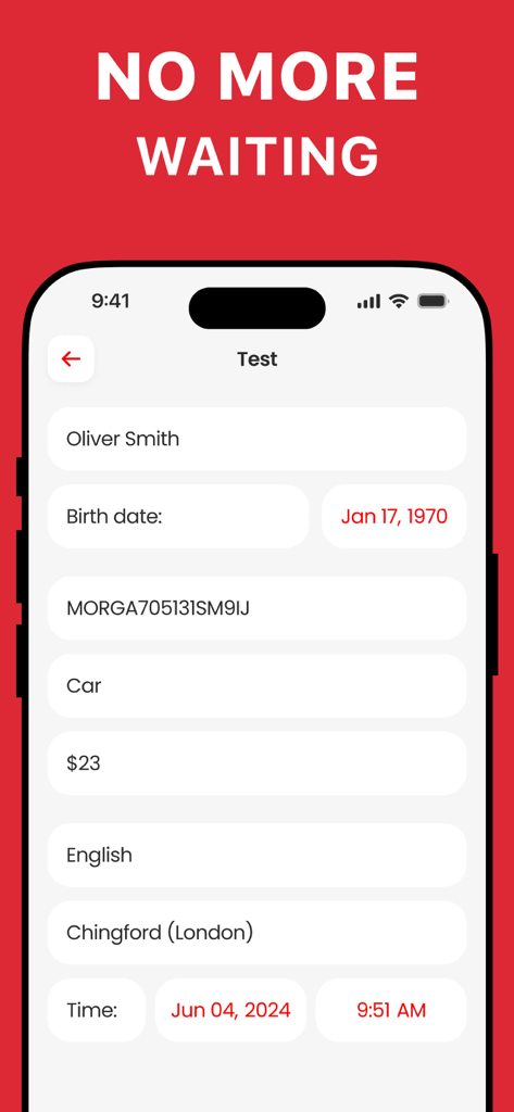 Driving Test NOW - Una captura de pantalla de la aplicación Driving Test NOW que muestra un resumen de la cita del examen de conducir con fecha, hora y lugar