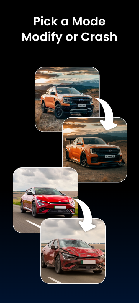 Car AI: Modification Editor - Interface of the Car AI app displaying car modification and crash simulation modes