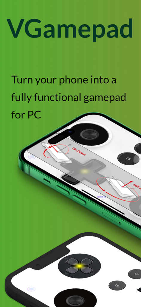 VGamepad Lite app interface on an iPhone showing motion control diagrams and virtual buttons for PC gaming