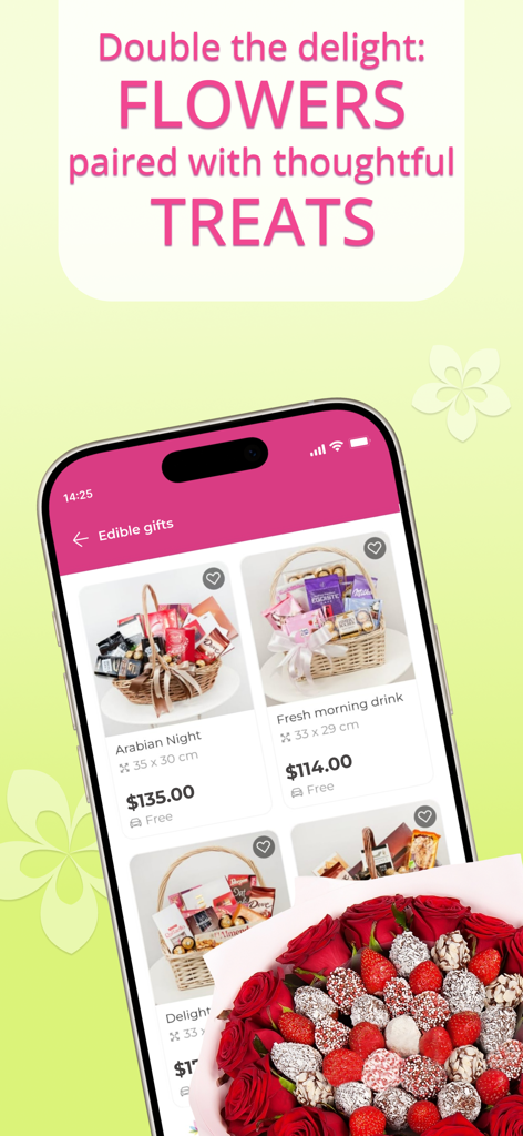 My Global Flowers Delivery - Interfaz de la aplicación móvil que muestra cestas de regalo comestibles y ramos de fresas cubiertas de chocolate.