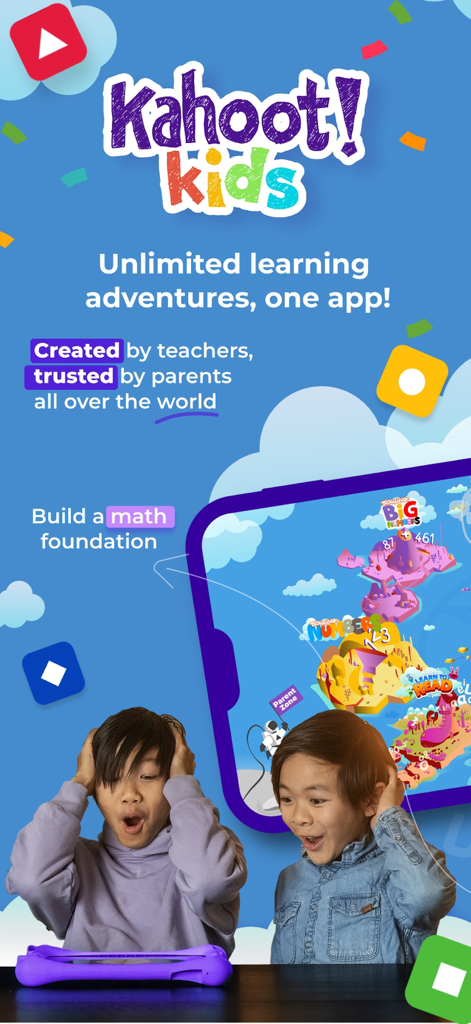 Kahoot! Kids: Learn & Play - Duas crianças parecendo animadas com uma tela de tablet exibindo jogos educacionais Kahoot Kids para matemática e alfabetização