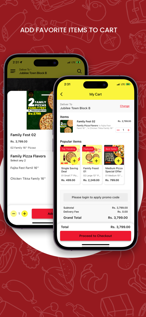 Eatology mobile app interface showing the My Cart screen with a pizza order and a proceed to checkout button.