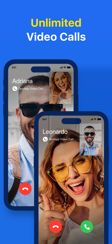 Text app interface showing two smartphones with unlimited video calls between friends