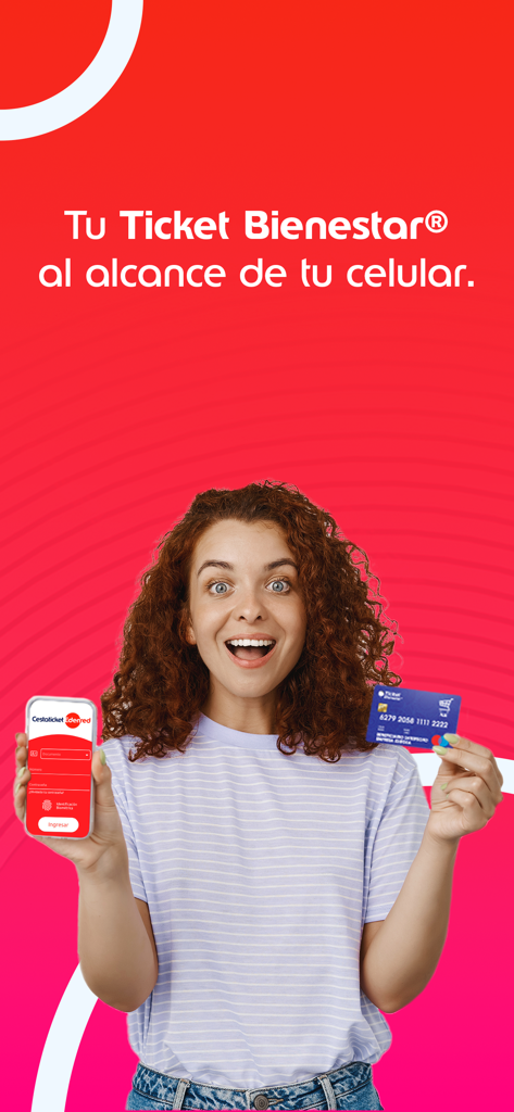 Cestaticket Edenred - A happy woman holding a benefits card and a smartphone with the Cestaticket Edenred mobile app displayed.