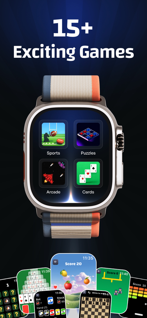 Games for Apple Watch: WatchQ - WatchQ app interface on an Apple Watch showing game categories for sports, puzzles, arcade, and cards