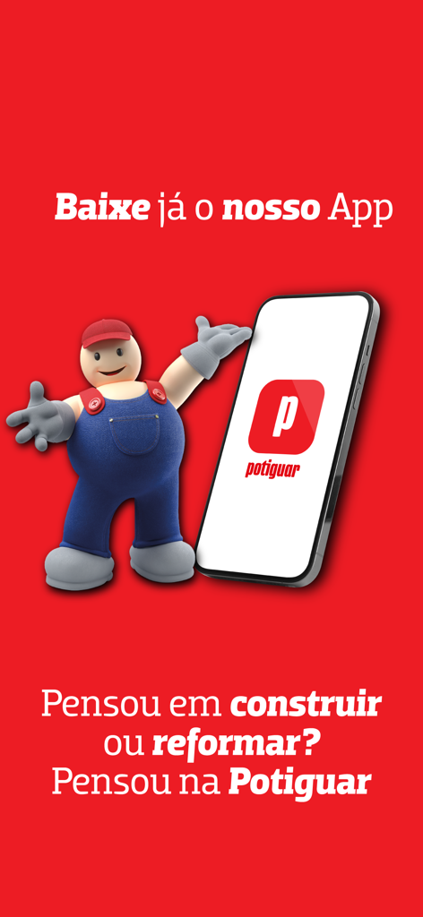 친근한 마스코트와 앱 로고가 표시된 스마트폰이 있는 Potiguar Home Center 앱 프로모션 화면