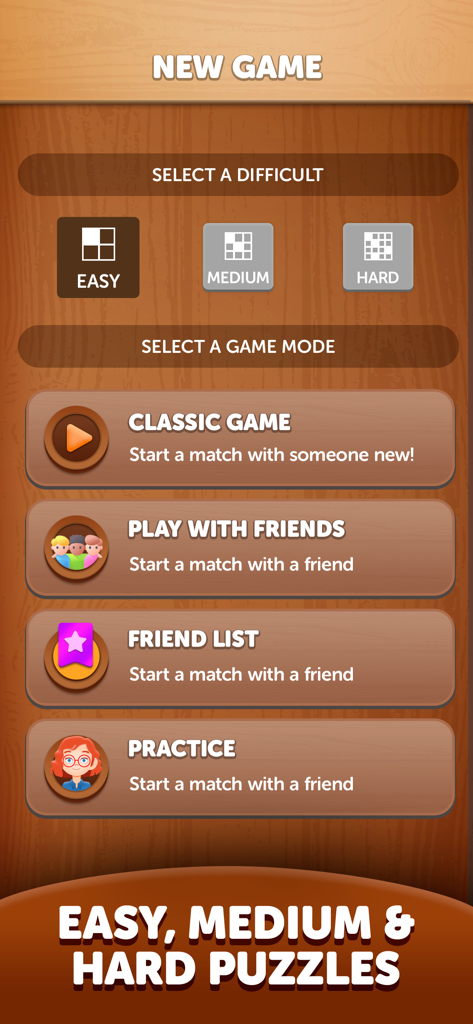 Arrow Crosswords menu screen showing selection for easy medium and hard difficulties and various game modes like classic and practice