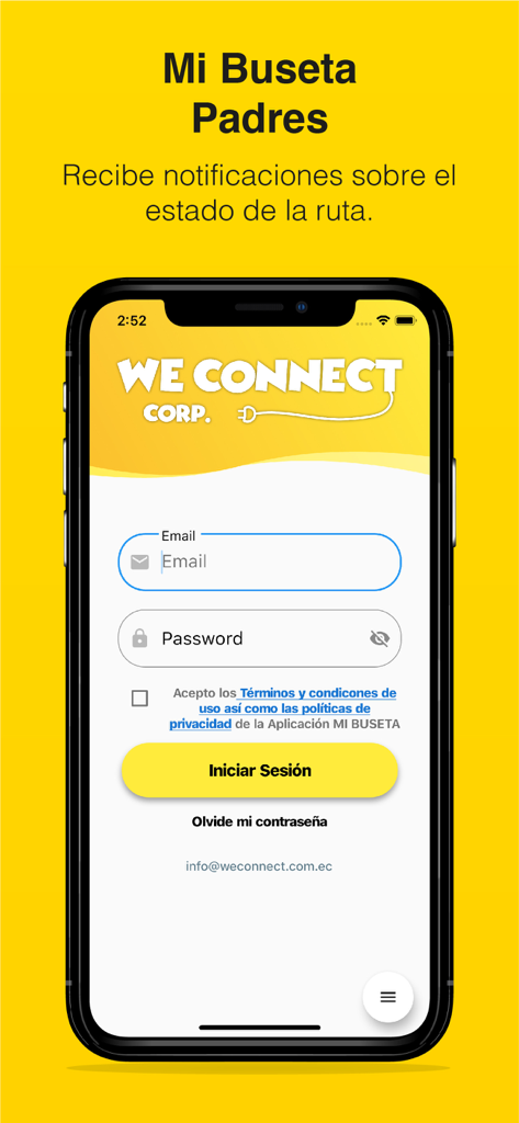 Mi Buseta Padres - Tela de login para o aplicativo de rastreamento de transporte escolar Mi Buseta Padres