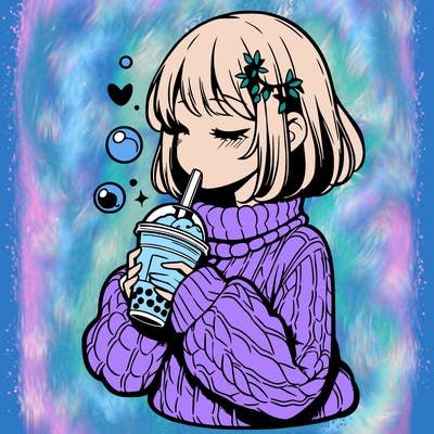 manga girl drinking boba in cozy sweater
