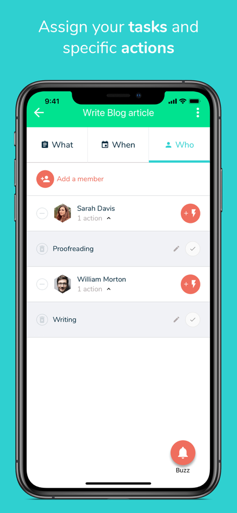 Beesbusy app interface showing task assignment to team members for a blog article project