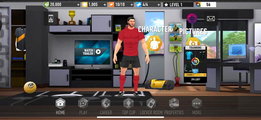 BE A LEGEND Soccer Career - BE A LEGEND 축구 커리어의 메인 메뉴. 맞춤 설정된 플레이어가 현대적인 방에 있는 모습.