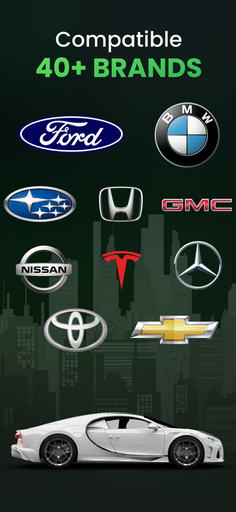 Graphic showing compatibility with over 40 car brands including Ford, BMW, and Tesla for the Car Play Connect app