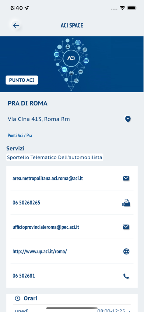 ACI Space - ACI Space mobile app screen showing address and contact information for the Public Automobile Register office in Rome