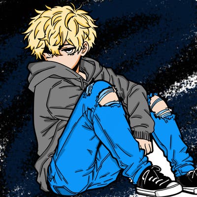 a male hoddie ripped jeans messy hair anime