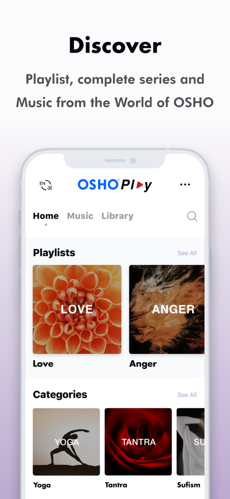 iOSHO - iOSHO app interface showing meditation playlists for Love and Anger and categories like Yoga and Tantra