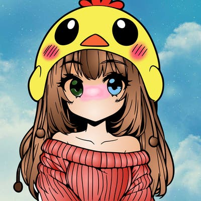 anime girl with chick shaped hat with sweater with bare shoulders with bangs covering them one eye with low tail