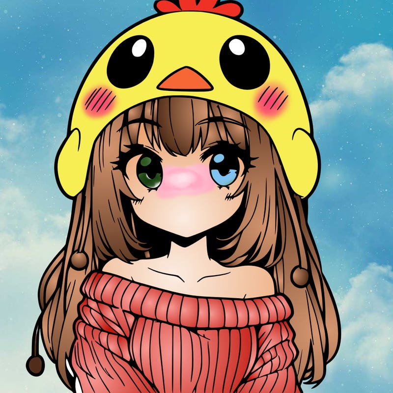 anime girl with chick shaped hat with sweater with bare shoulders with bangs covering them one eye with low tail