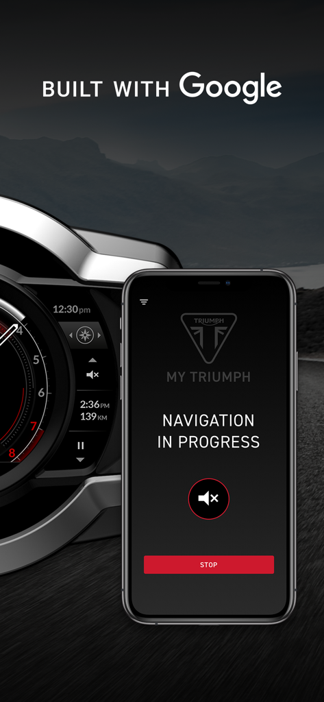 My Triumph - My Triumph app showing navigation in progress with Google integration.