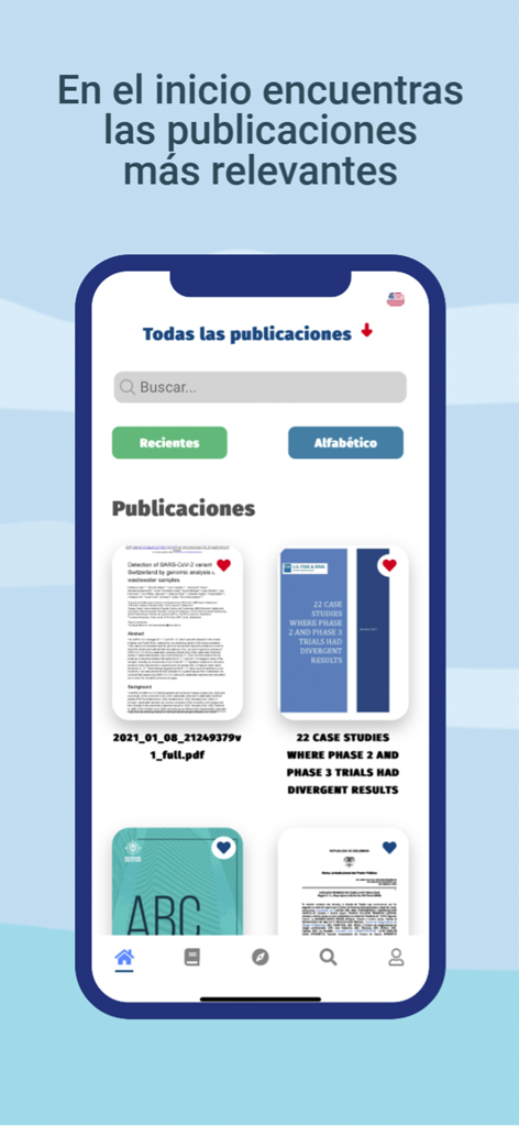PublINC - PublINC mobile app interface displaying a searchable list of medical research publications