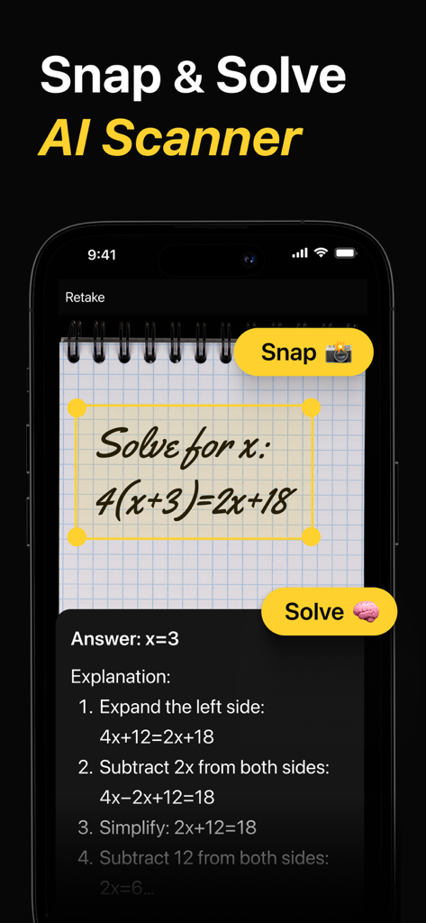 Chat AI Plus - Una pantalla de iPhone que muestra la aplicación Chat AI Plus resolviendo un problema matemático escrito a mano con su función de escáner IA Captura y Resolución.