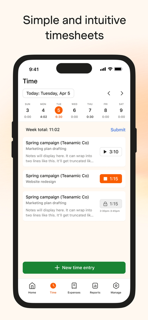 Smartphone screen displaying the Harvest app's intuitive timesheet interface with active and logged timers for client projects.