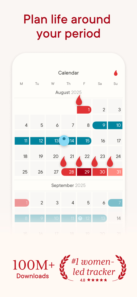 Interface de calendário do aplicativo Clue mostrando rastreamento de ciclo menstrual e de ovulação com mais de 100 milhões de downloads